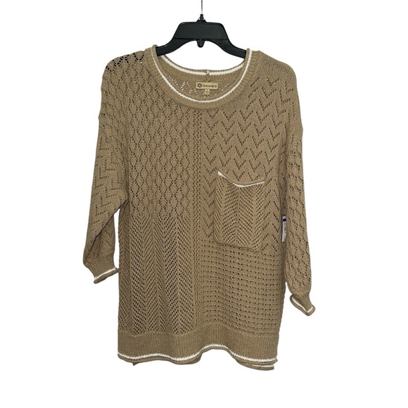 Democracy Pointelle Tipped Sweater Size Large Crewneck 3/4 Sleeve New - Picture 2 of 7